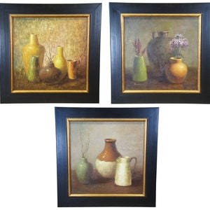 3 Original Vintage Southwestern Still Life Pottery Vase Oil Paintings Framed 41&quot;