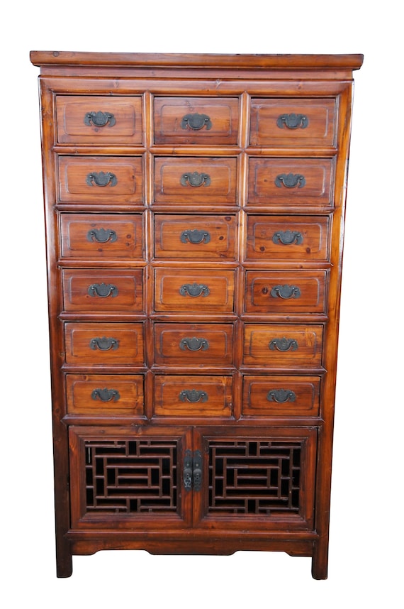 Antique Chinese Qing Dynasty 18 Drawer Elm Apothecary Medicine Cabinet 68"