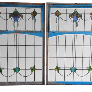 Pair of Antique Victorian Art Nouveau Leaded Stained Glass Windows Arch Transom