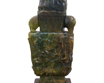 Urna antigua china de faisán de jade verde y amarillo tallado de la dinastía Qing, 45,7 cm