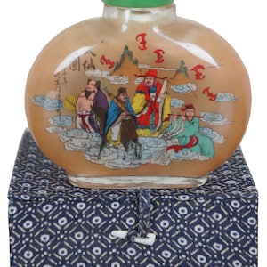 Vintage Reverse Painted Chinese Snuff Bottle 8 Immortals Gods w Jade Stopper 4&quot;