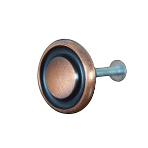 May include: A round copper cabinet knob with a black ring around the edge. The knob has a silver screw.