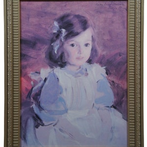 Vintage Cecilia Beaux Giclee Print Linen Portrait Young Girl in Blue Dress 27&quot;