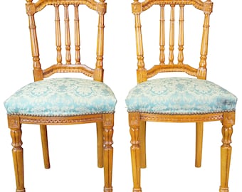 2 Antique French Louis XVI Carved Birch Side Accent Chairs Brocade Seat