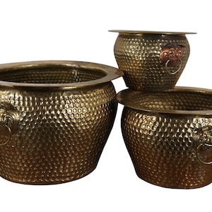 May include: Three gold metal planters with hammered texture and lion head handles. The largest planter is 12 inches in diameter, the middle planter is 10 inches in diameter, and the smallest planter is 8 inches in diameter.