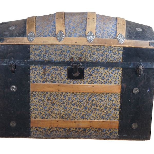 Large Antique Victorian Oak Banded Embossed Leather Dome Top Steamer Trunk Chest