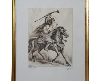 French Edmond Vales Morocco Cavalier de Fantasia Horse Warrior Etching 17"