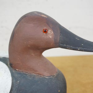 May include: A close-up of a wooden duck decoy. The duck has a brown head and neck, a black beak, and a red eye. The body is painted white and black. The decoy is likely used for hunting or decoration.