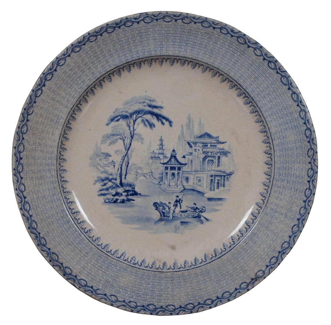 Antique Blue English Transferware Chinese Villa Chinoiserie Pagoda ...