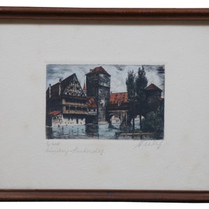Vintage Pencil Signed Colored Etching European Cityscape Canal Realism