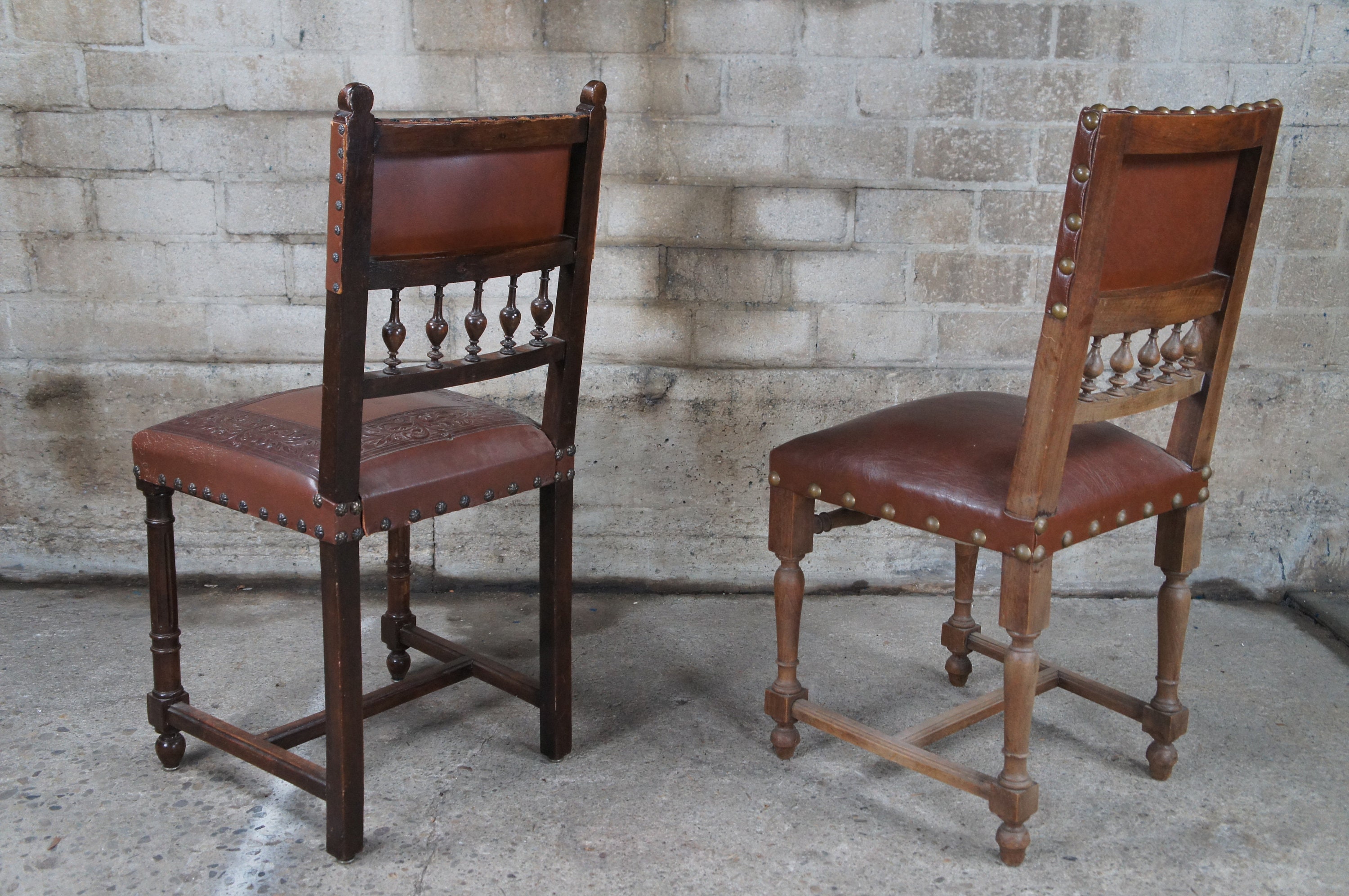 4 Antique Henry II Style Carved Dining Side Chairs Tooled