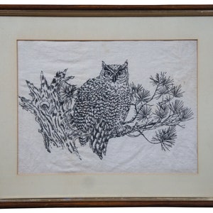 Vintage Folk Art Hand Embroidered Horned Owl on Pine Tree Textile Bird 22&quot;