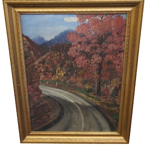 1 Vintage Antique Original Twisty Mountain Road Oil Painting Signed 22&quot; x 29&quot;