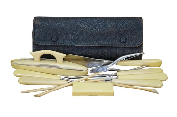 Antique Edwardian Celluloid Travel Vanity Manicure Grooming Set Roll Up Case