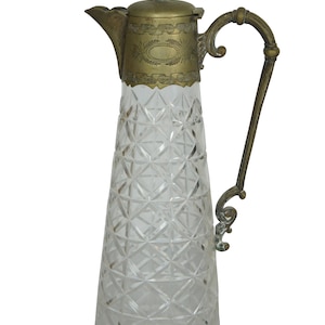 Antique Neoclassical Brass Cut Crystal Claret Jug Pitcher Carafe Wine Decanter 12&quot;