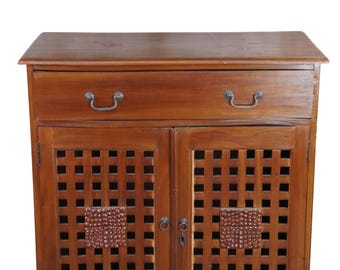 Vintage Indonesian Mahogany Lattice Carved Cupboard Buffet Server Drybar