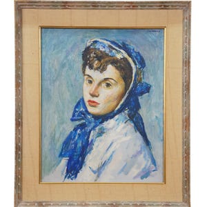 Thomas J Strickland Woman in Blue Bonnet Original Portrait Oil Painting 26&quot;