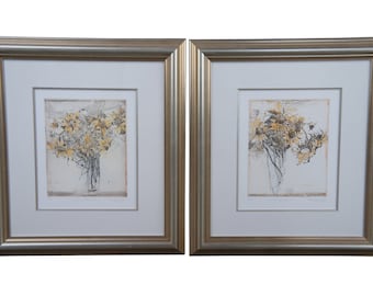 2 Litografías de Girasol Botánico Firmadas a Lápiz Vintage Summer Bloom 35"