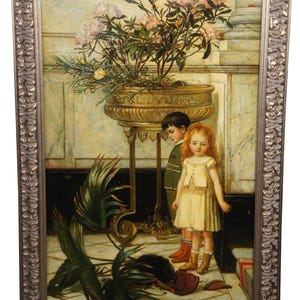 May include: A painting of two children standing in a room with a large potted plant that has fallen over. The girl is wearing a white dress and the boy is wearing a blue and green striped shirt. The painting is framed in a silver frame.
