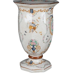 Chinese Armorial Porcelain Polychrome Footed Flower Vase Urn Neoclassical 15&quot;