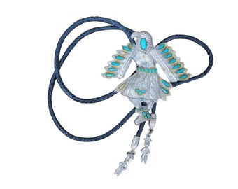 Southwestern Native Style Silver Tone Turquoise Eagle Dancer Bolo Tie