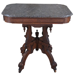 Antique Victorian Eastlake Walnut Granite Top Parlor Side Accent Table 30&quot;