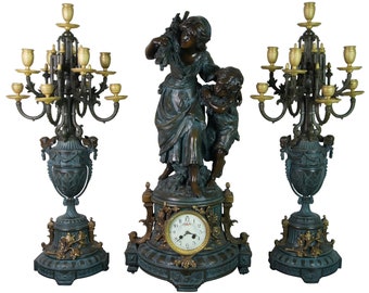 Antique French Auguste Moreau Gilt Bronze Mantel Garniture Clock Candelabra