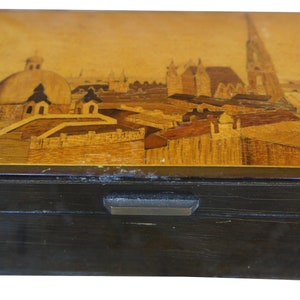 Swiss Reuge Mayr & Fessler Church Inlay Marquetry Music Trinket Keepsake Box 6&quot;