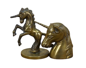 2 Vintage Solid Brass Unicorn Figurines Paperweights Statues 4"