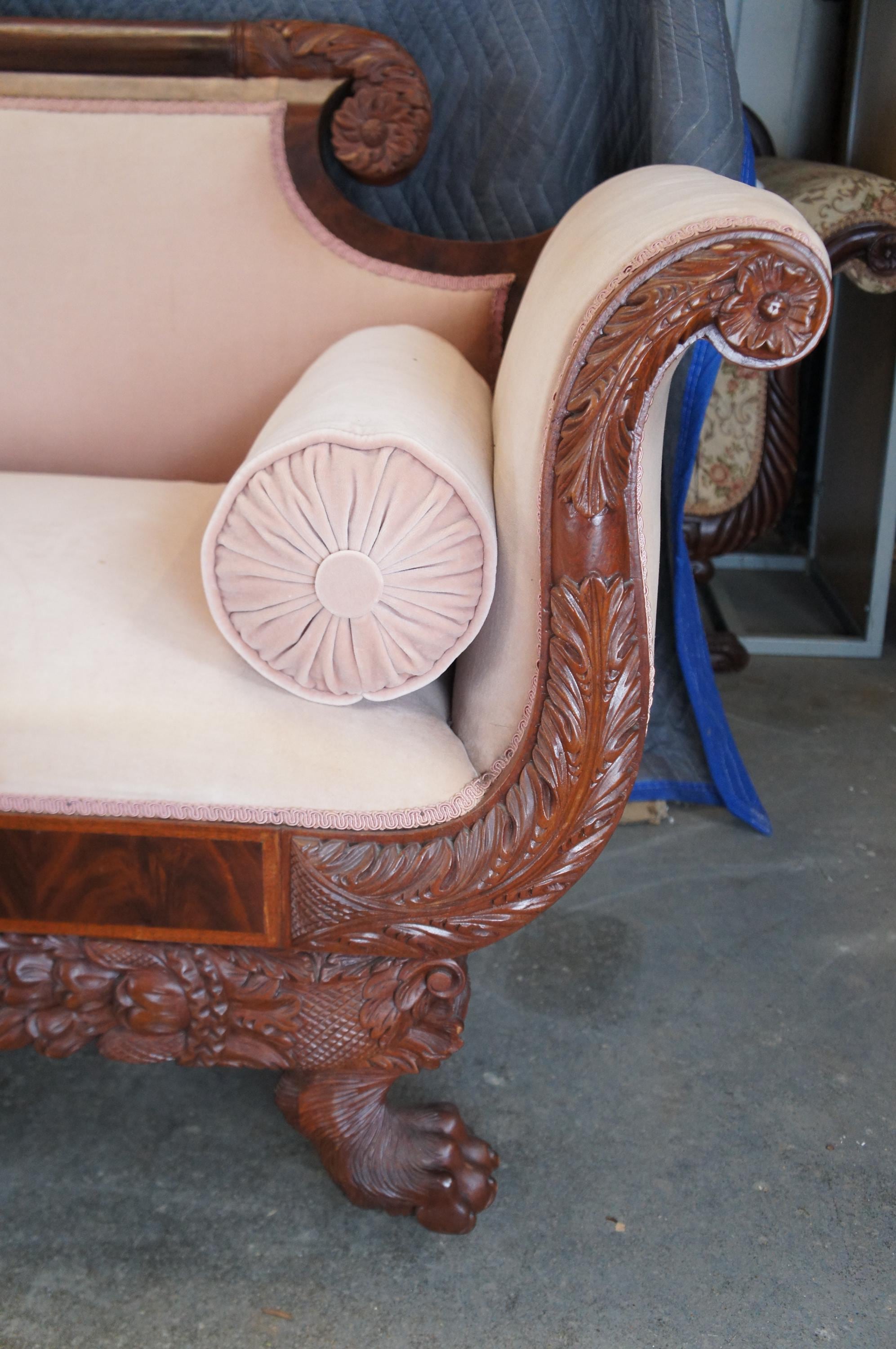 Antique American Empire Flame Mahogany Claw Foot Parlor Sofa Couch 85\, image size:1993x3000