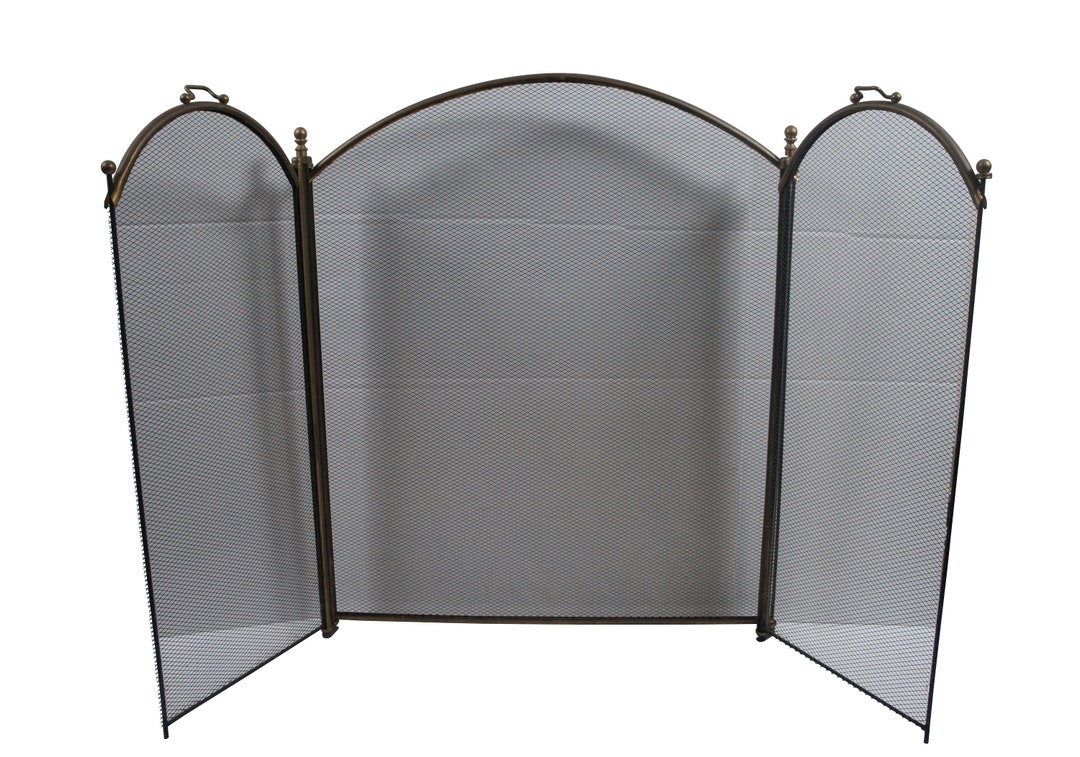 Écran De Cheminée Pliant Vintage Noir 4 Panneaux Avec Accents Laiton - Grille Maille Noire 32,5 Pouces