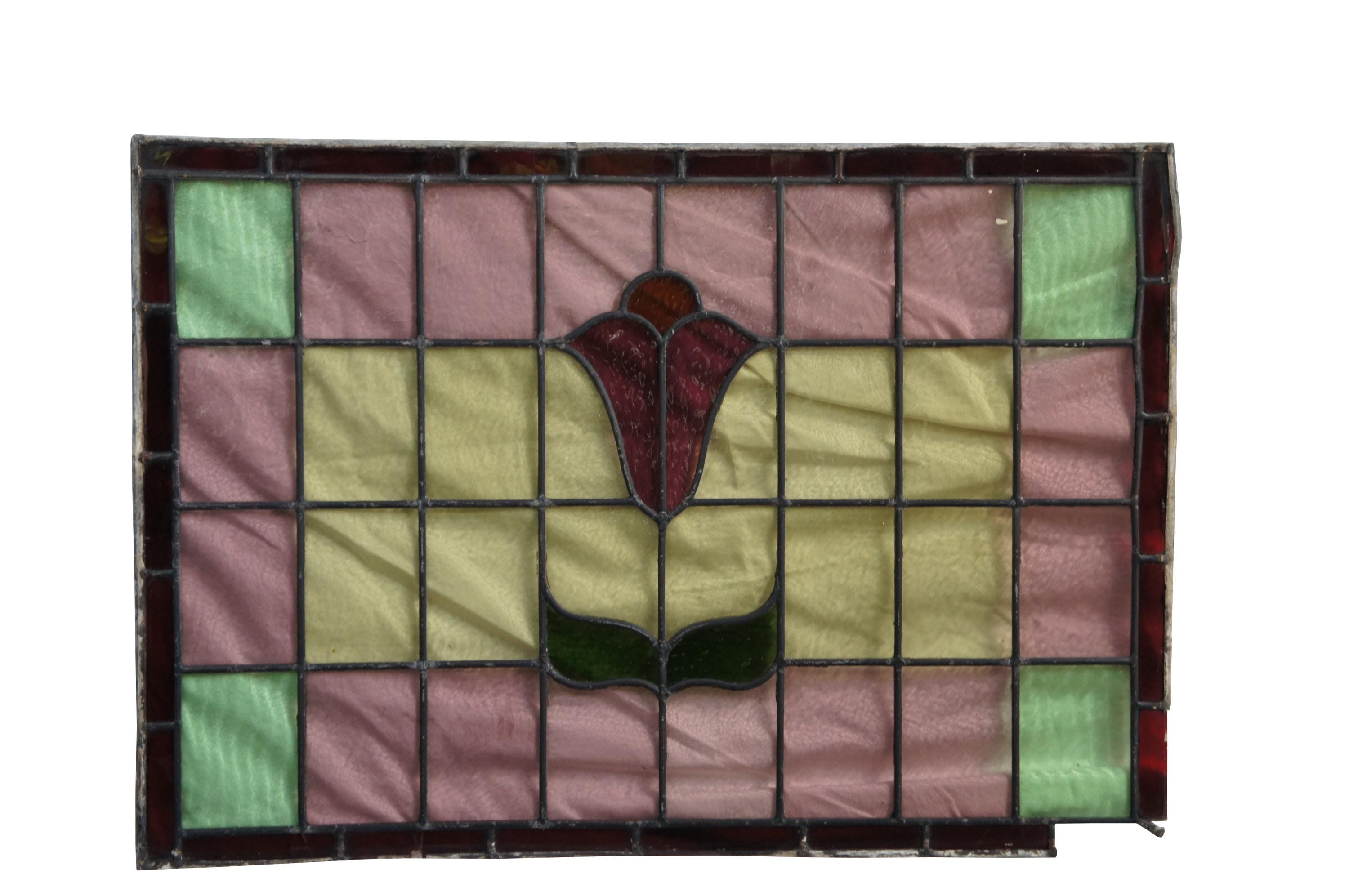 Antique Victorian Floral Leaded Stained Architectural Glass Window Panels 36"