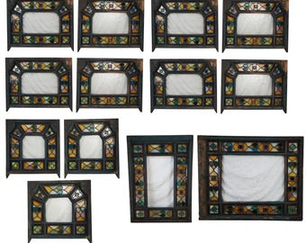 Set 14 Antique English Victorian Arched Geometric Leaded Stained Glass Windows