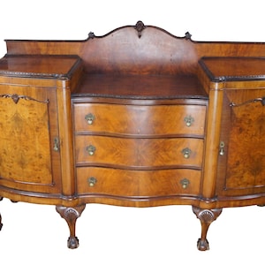 Antique English Chippendale Walnut Burl Serpentine Buffet Sideboard Credenza 71&quot;
