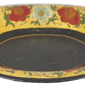 Antique Oval Hand Painted Folk Art Toleware Platter Tray Bowl Charger Floral 14&quot;