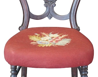 Antique Victorian Mahogany Serpentine Balloon Back Floral Needlepoint Side Chair