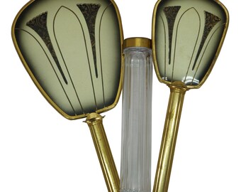 Antique Art Deco Brass Vanity Hand Mirror Brush Powder Jar Set 11"
