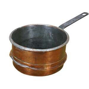 May include: A copper saucepan with a long, flat, metal handle. The pot has a rounded body with a silver-colored rim and a series of horizontal bands around the middle. The interior of the pot is dark.