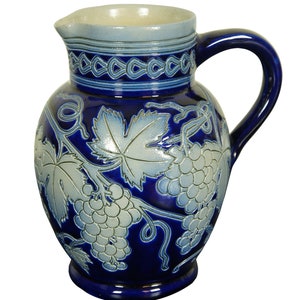 French Betschdorf Cobalt Blue Salt Glaze Stoneware Grapevine Pitcher Wine Jug 7&quot;
