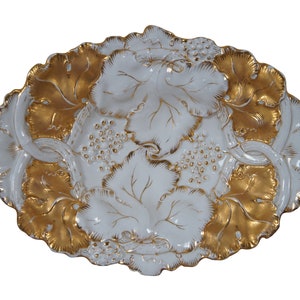 Antique German Dresden Meissen Gilded Grape Leaves Centerpiece Compote 14&quot;