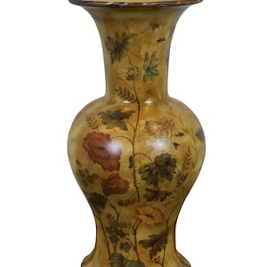 Chinoiserie Painted Yellow Floral Porcelain Ceramic Flower Vase Mantel Urn 16&quot;