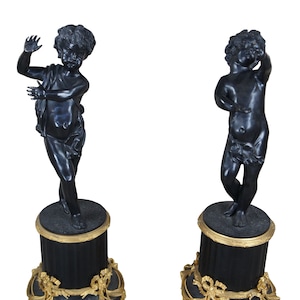 2 Antique Italian Neoclassical Louis XV Bronze Cherub Sculptures Statues 45&quot;
