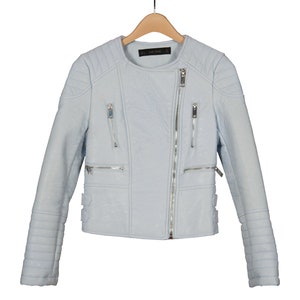 Vintage Zara Basic Powder Blue Faux Leather Biker Moto Jacket Womens S