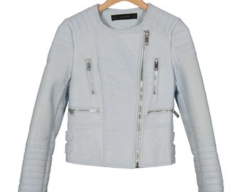 Vintage Zara Basic Powder Blue Faux Leather Biker Moto Jacket Womens S