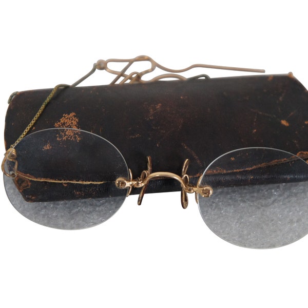 Antique Spender 10K Gold Pince Nez Bifocal Optical Spectacles Eyeglasses & Case