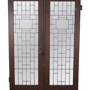 2 Antique Oak Arts & Crafts Reclaimed Leaded Glass Entry French Doors 56 x 80&quot;
