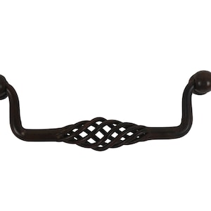 May include: A black metal cabinet pull with a twisted wire design. The pull has rounded ends.