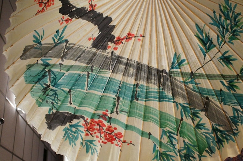 Vintage Asian Handpainted Wooded Landscape Cherry Blossom Rice Paper 5/' Parasol