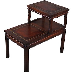Mid Century Mahogany 2 Tier Tooled Leather Parlor Side Accent Step Table