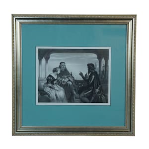 May include: A black and white framed print of a historical scene depicting three people in a room with a view of a city in the background. The people are dressed in period clothing and are engaged in conversation.
